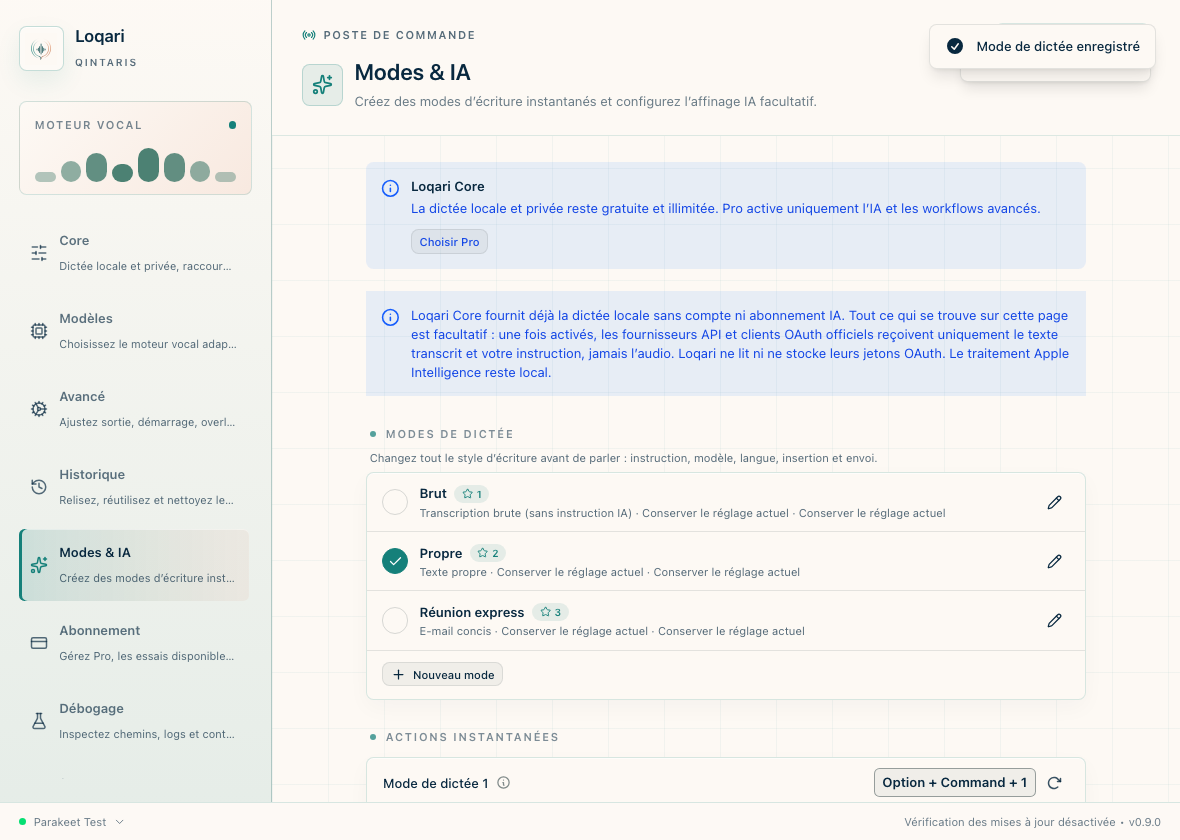 Écran des modes de dictée personnalisables de Loqari