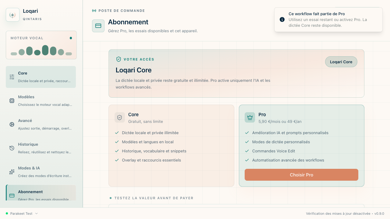 Interface de Loqari affichant les réglages de dictée